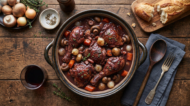 Traditional French Coq au Vin chicken stew cooked in red wine with mushrooms and carrots in a rustic ceramic pot