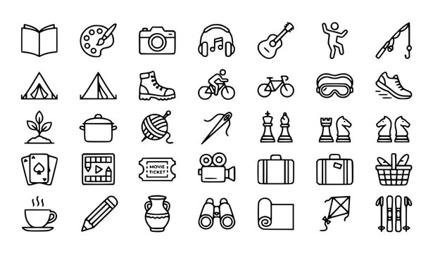 Minimalist Leisure and Hobby Line Icons Set with Reading Music Sports Art and Outdoor Activities
