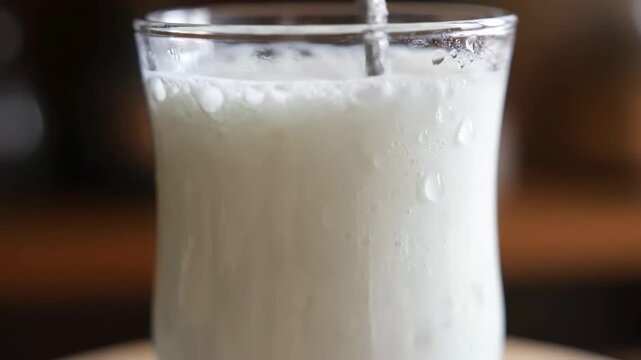 Extreme close-up of a refreshing cold glass of foamy white dairy beverage or milkshake with water droplets and condensation, indicating a delicious, chilled refreshment.