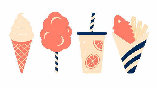 Ice cream cone cotton candy drink and fish sandwich food items arranged together in flat design style with pastel colors