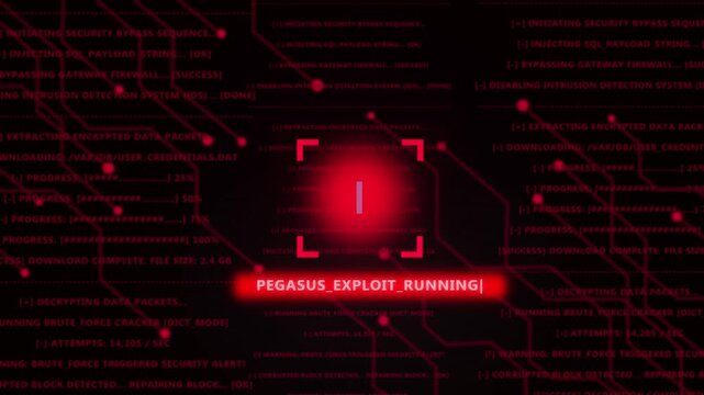 Cybersecurity alert warning pegasus exploit running on digital network interface with red warning triangle and encrypted data stream background, for advanced information, technology security