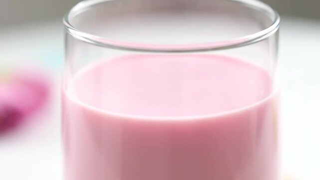 Close-up slow motion shot of thick pink liquid, such as strawberry milk, creamy milkshake, or fruity smoothie, being poured into a clear glass on a bright background.