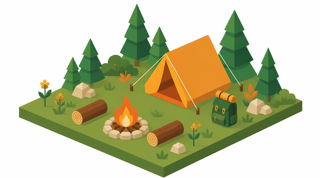 Campsite with orange tent and campfire surrounded by pine trees in forest setting with backpack logs stones flowers