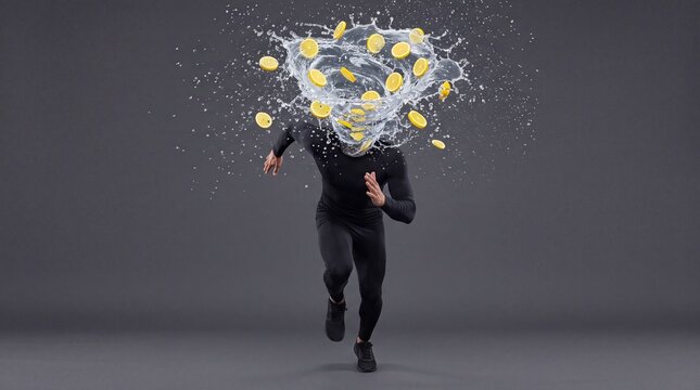 Conceptual energy explosion image featuring male runner with explosive lemon water dynamic splash instead of head on isolated grey background