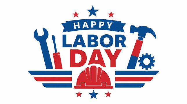 Labor Day celebration graphic featuring tools and stars with blue color scheme for workers' holiday