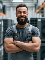 Fototapeta premium Smiling male air conditioning installer with crossed arm in industrial warehouse