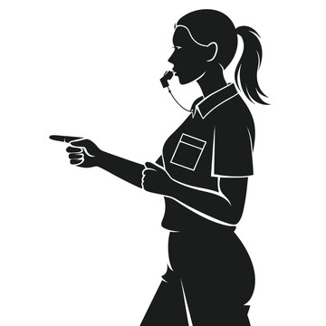 Black solid silhouette vector of a young female soccer referee blowing a whistle and pointing forward isolated on white background.