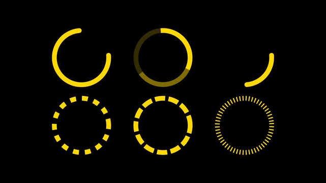 Abstract yellow circular loading progress bars on black background.