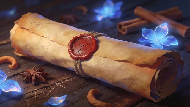 Vintage Parchment Scroll with Red Wax Seal and Magical Elements