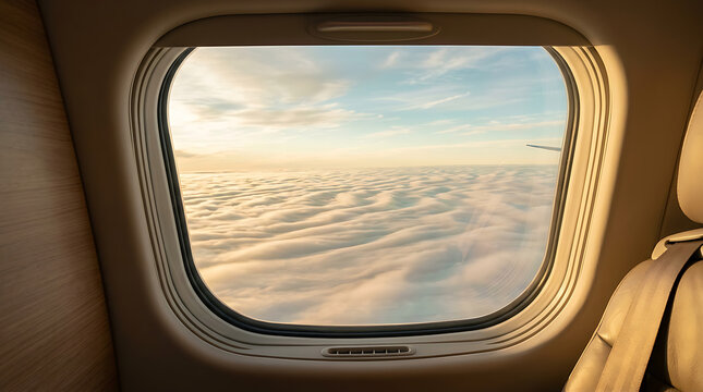 Aerial view of clouds from airplane window.