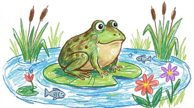 Colorful hand drawn crayon illustration of frog sitting on lily pad in pond, cute children's book style wildlife animal artwork design