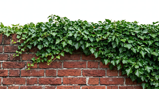 Green ivy plant foliage hanging over old red brick wall isolated on white background
