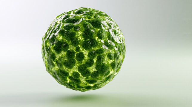 Green microalgae sphere with luminous floating cell, abstract scientific rendering on pale background