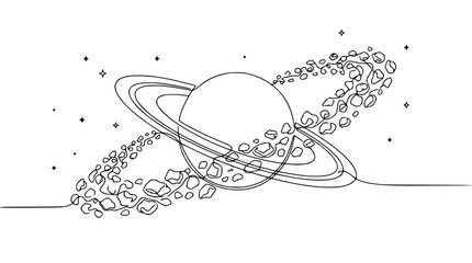 Saturn planet with asteroid belt, line art, isolated on white background © Kopi