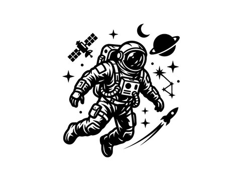 Space Exploration Astronaut Floating in Cosmic Background with Rocket, Planet, and Satellite Monochrome Vector Art
