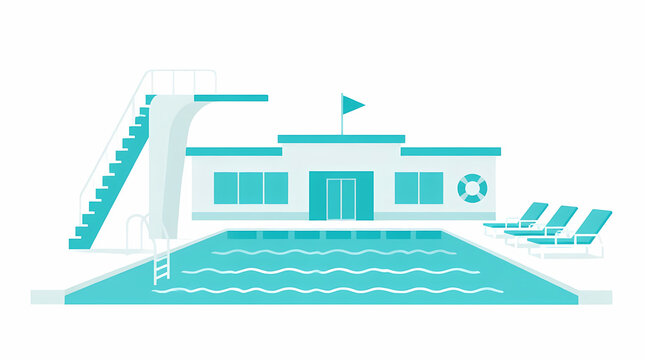 Swimming pool with diving board and lounge chairs beside a building featuring flag and lifebuoy