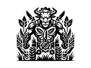 Fototapeta premium Black White Minotaur Warrior with Swords and Gears, Mythological, Vector Art