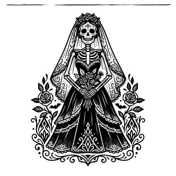 Skeleton Bride with Flowers and Veil