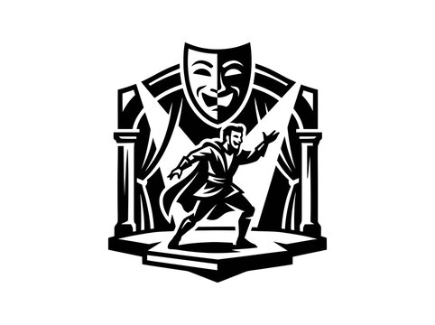Black and White Illustration of Theatrical Actor on Stage with Comedy Mask for Performing Arts Emblem
