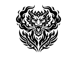 Fototapeta premium Fierce Black Tribal Dragon Head with Flames - Tribal Tattoo Art