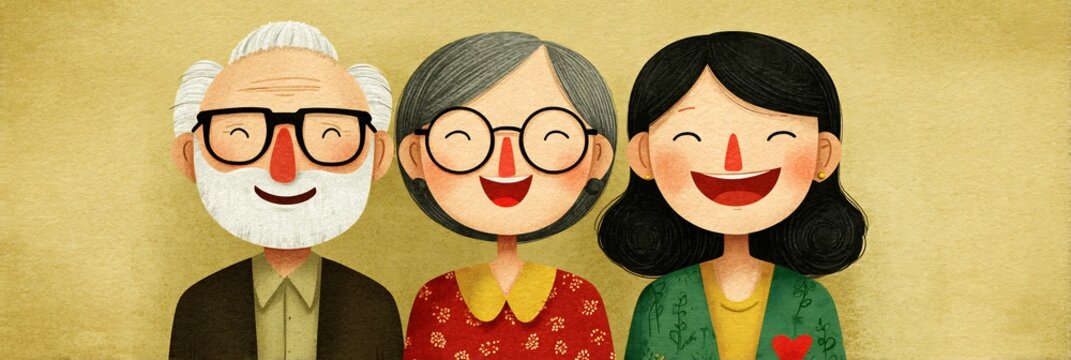 Happy multi-generational family portrait. Smiling elderly man, senior woman, and young female illustration in a warm, textured style.