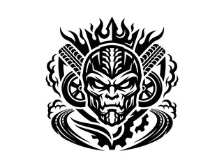 Fototapeta premium Bold Automotive Racing Skull Robot Head Mascot Illustration with Tires, Flames Gear - Black White Vector Art