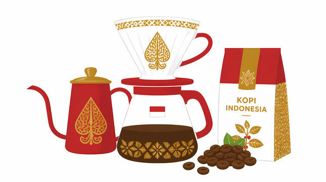 Coffee brewing setup with Indonesian coffee beans and traditional gold patterned pour-over equipment