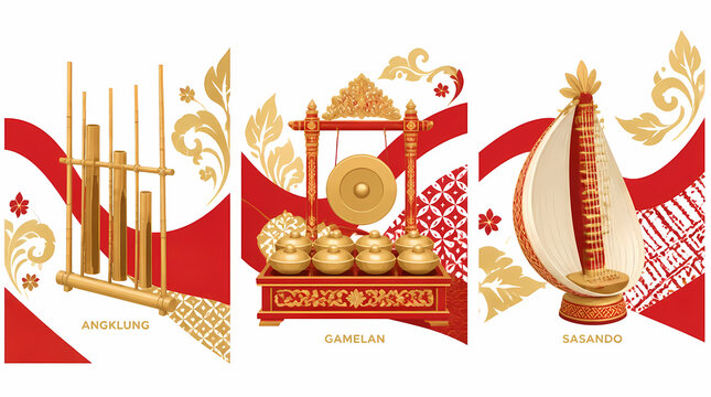 Traditional Indonesian Musical Instruments Angklung Gamelan and Sasando Displayed with Gold Decorative Patterns