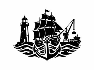 Naklejka premium Nautical Maritime Shipping Port Emblem Logo Silhouette Vector Illustration with Lighthouse, Sailboat, Cargo Ship, Anchor