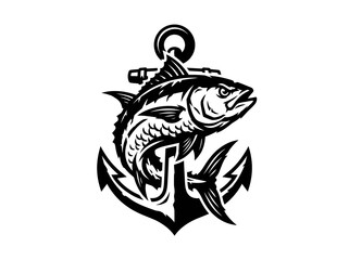 Obraz premium Black and White Graphic Woodcut Illustration of a Tuna Fish and Anchor for Fishing and Boating Industry