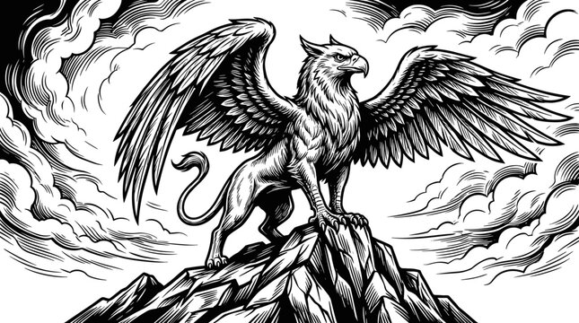 Majestic griffin with eagle wings perched on a rocky mountain peak, dramatic clouds in the background, black and white line art illustration
