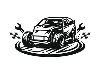 Obraz premium Black and White Vector Icon of a Race Car with Wrench and Checkered Flags