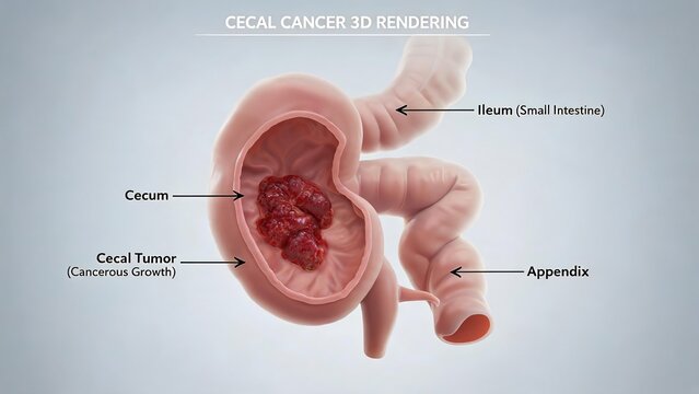 Cross-section 3D rendering of cecal cancer, cutaway view of cecum interior with cancerous tumor, labeled ileum, appendix and cecal cavity, gastrointestinal pathology medical illustration