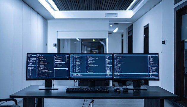 Modern Computer Setup with Multiple Monitors Displaying Code.