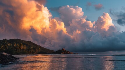 Fototapeta premium Tropical beach sunset with dramatic golden hour clouds reflecting in calm ocean waters and sandy shore.