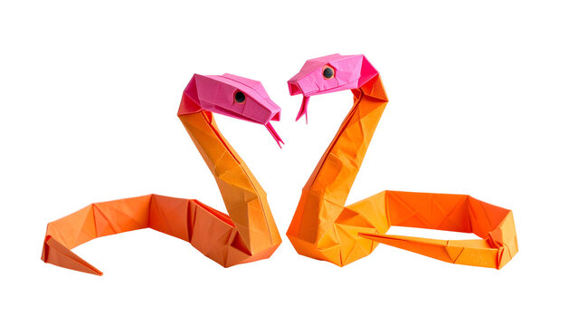 Two origami snakes intertwine, pink heads and orange bodies