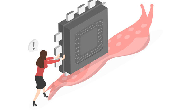 Slow computer processor performance bottleneck concept with microchip on a snail and businesswoman pushing, isometric vector illustration