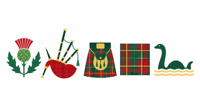 Scottish cultural symbols including thistle bagpipes kilt tartan and Loch Ness monster in stylized flat vector illustration