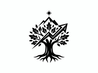 Fototapeta premium Black and White Tree with Arrow and Mountain Icon
