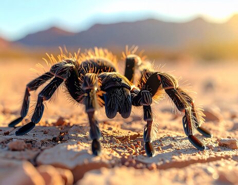 Close up of a hairy tarantula spider on dry desert ground with mountains in the background.