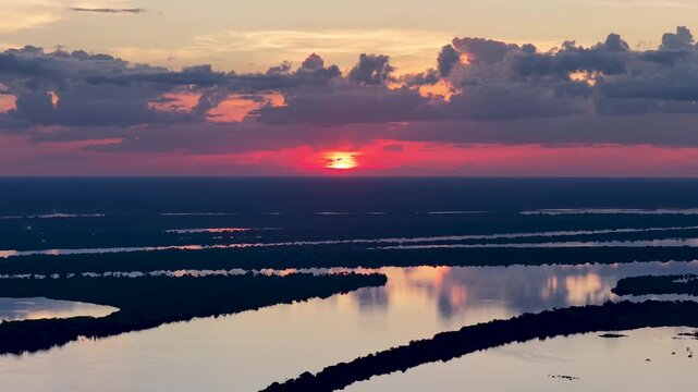 Amazonian Sunset At Novo Airao In Amazonas Brazil. Anavilhanas National Park. Sunset Landscape. Amazon Rainforest. Amazonian Sunset In Novo Airao In Amazonas Brazil. Wildlife Skyline. Sunset Sky.