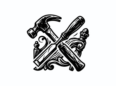 Black and White Vector Art of Hammer and Chisels, Woodworking Tools