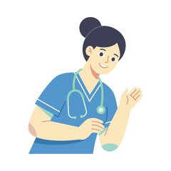 Fototapeta premium Female nurse with stethoscope in blue uniform, smiling, isolated on white background