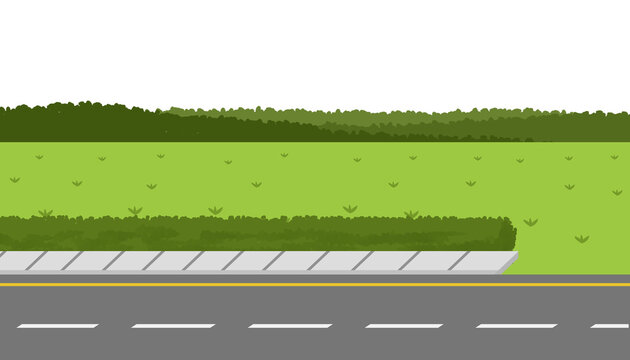 Flat 2D side scrolling road and green grass field background for mobile game level design horizontal landscape illustration