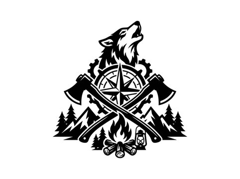 Black and white emblem of a wolf, compass, axes, campfire, lantern, mountains, and trees