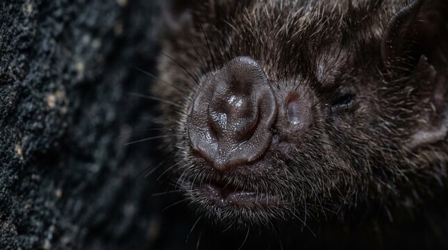 Close-up portrait of a small, dark brown bat, its furry face and distinctive nose-leaf visible, a nocturnal mammal resting in a cave or dark environment