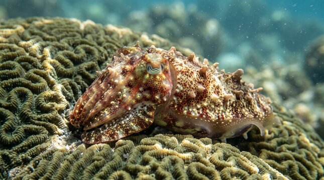 Underwater cuttlefish camouflaged on brain coral, a vibrant marine life scene, showcasing ocean biodiversity and aquatic beauty for nature and wildlife photography.