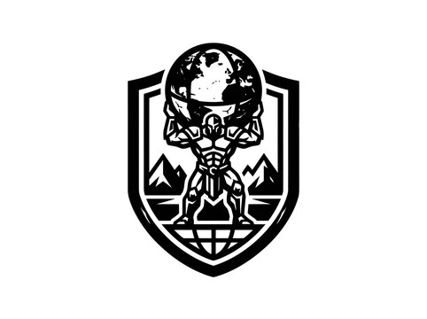 Atlas holding the Earth emblem, powerful man, global strength, shield badge logo