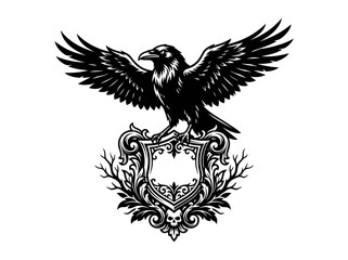 Naklejka premium Black Raven Crest with Skull and Branches - Dark Gothic Vector Art