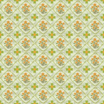 Seamless vintage floral pattern featuring delicate orange wildflowers in ornate green frames, scattered on a soft sage green botanical background.